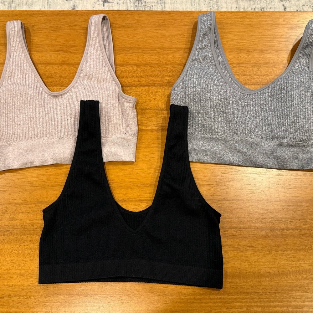 $20 Women's Ribbed Bralette Set - Black, Gray, and Tan